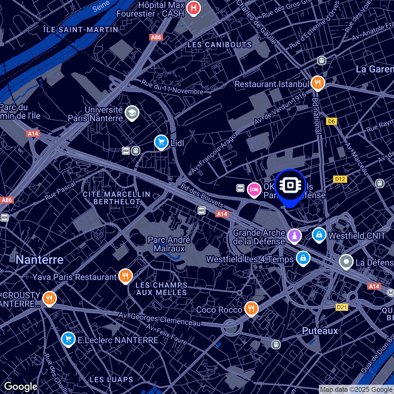 Carte statique Google Maps (thème sombre) montrant notre localisation
